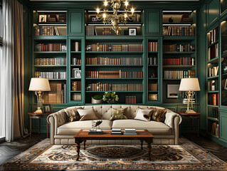 Modern interior design of the living room, with a sofa and coffee table in front of bookshelves. The walls feature green cabinets - obrazy, fototapety, plakaty