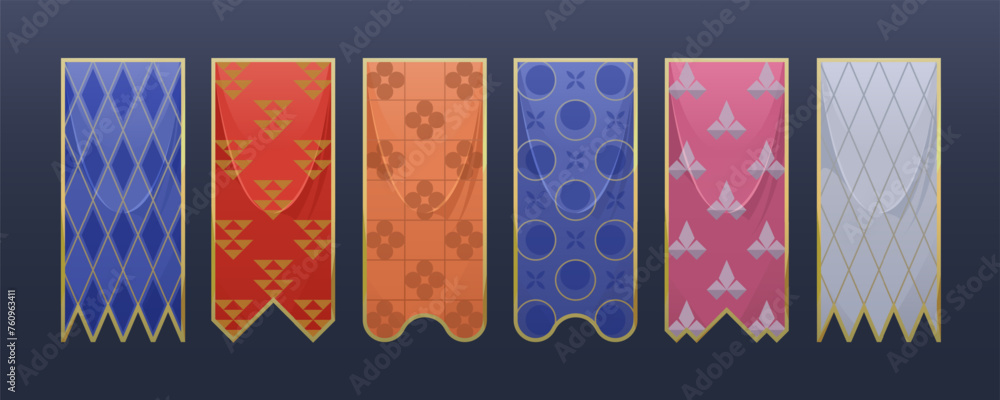 Wall mural Set of vector flags. Vertical folded fabric flag in a gold frame. Medieval flag template, royal pennant. Decorative vertical flag or banner with heraldry elements. Tournament flag with a pattern.