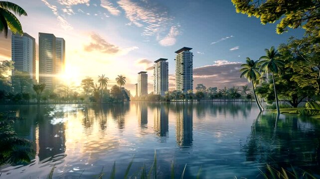 Lake scene with skyscrapers in the background, animated virtual repeating seamless 4k	