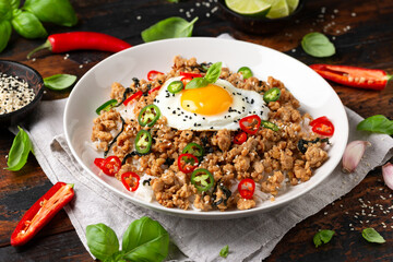 Pad Krapow Gai, Thai Basil Chicken with rice and fried egg