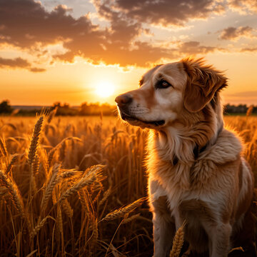 A cute dog looking forward, sunset in wheat field 