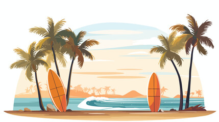 Tropical beach scene with palm trees and surfboards