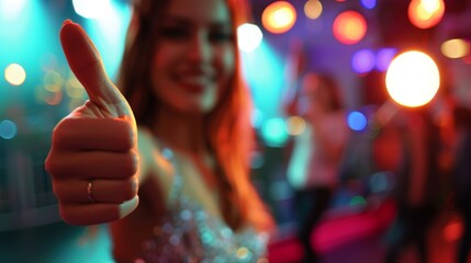 Thumbs up sign. Woman's hand shows like gesture. Dance floor background
