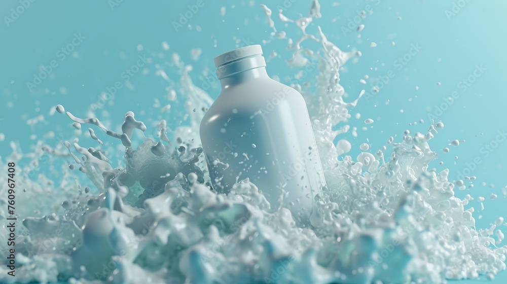 Poster a d animation of an eco-friendly detergent bottle appearing from a splashing wave ai generated illus