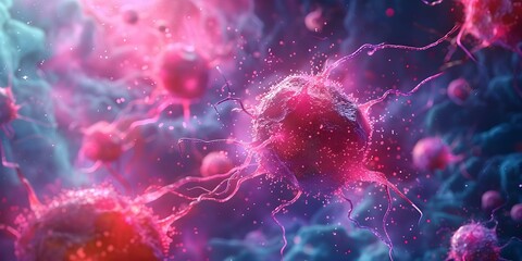 Visualization of Cancer Cells Using D Rendering. Concept Medical Imaging, Cancer Research, 3D Visualization, Biomedical Technology, Cell Analysis - obrazy, fototapety, plakaty