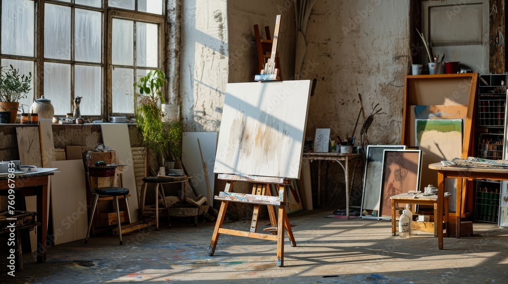 Poster a blank canvas on an easel in a tidy well-lit studio ai generated illustration