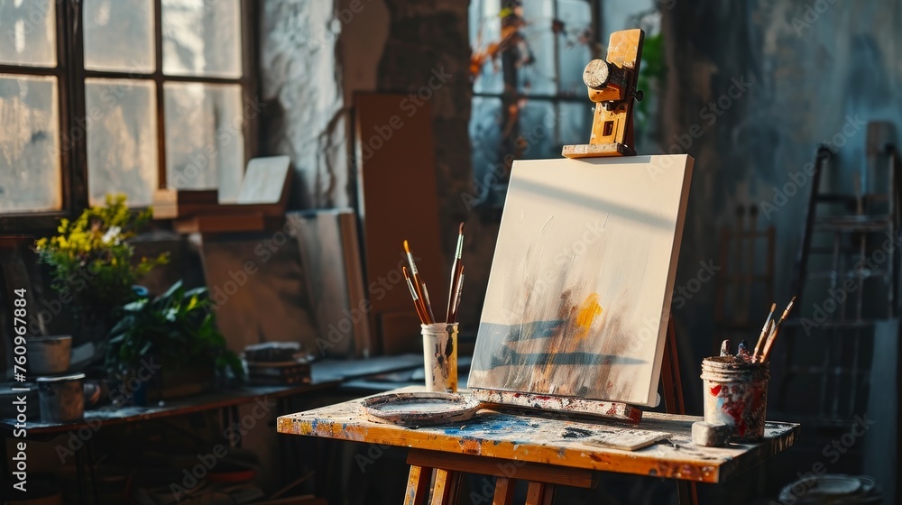 Aufkleber a blank canvas on an easel in a tidy well-lit studio ai generated illustration