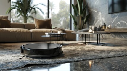 A D visual of a robotic vacuum cleaner traversing around a stylish home AI generated illustration