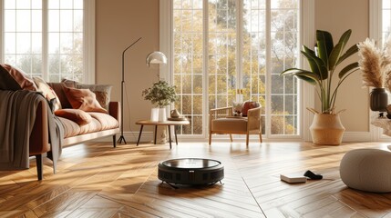 A D visual of a robotic vacuum cleaner traversing around a stylish home AI generated illustration - obrazy, fototapety, plakaty