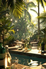 Fototapeta premium A D visualization of an anniversary party in a lush tropical setting AI generated illustration