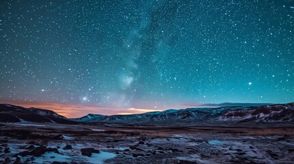A barren tundra landscape under a clear star-filled sky AI generated illustration - obrazy, fototapety, plakaty