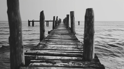 Naklejka na ściany i meble A black and white minimalist rendering of an old wooden pier AI generated illustration
