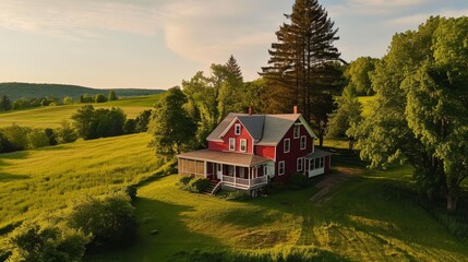 A charming farmhouse with a red barn surrounded by acres of farmland AI generated illustration - obrazy, fototapety, plakaty