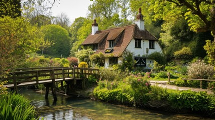 Fototapeta na wymiar A charming riverside cottage with a quaint wooden bridge and garden AI generated illustration
