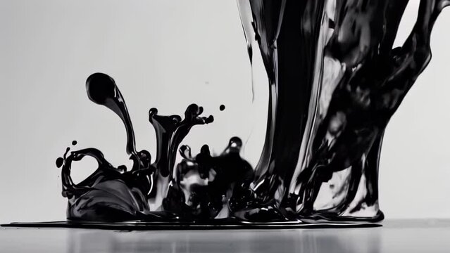A monochrome photograph capturing the moment of a black liquid splashing.
