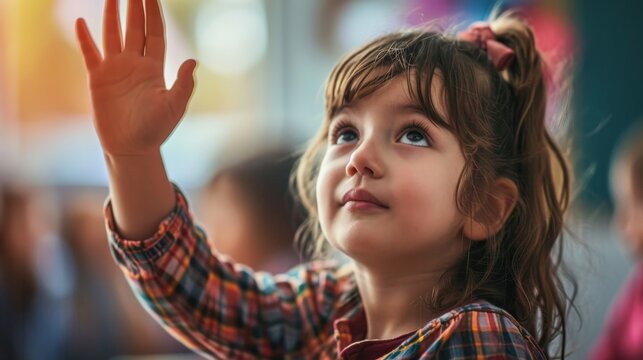 A child in a classroom eagerly raising their hand illustrating curiosity and eagerness to learn AI generated illustration