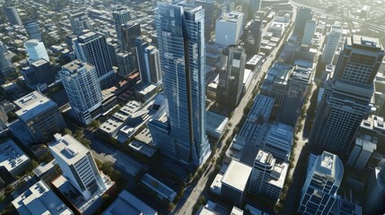 Obraz premium A commercial skyscraper in D towering over a bustling city AI generated illustration