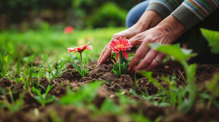 des main de jardinière en train de planter une fleur dans la terre de son jardin - obrazy, fototapety, plakaty