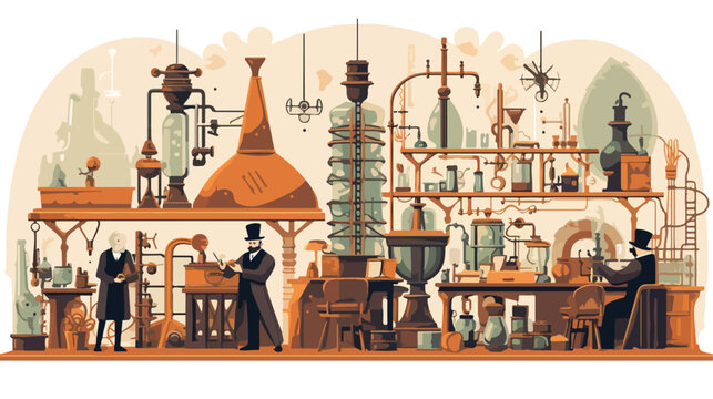 Victorian-era steampunk laboratory with eccentric i