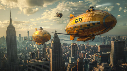 Golden zeppelin taxis offer a serene yet fantastical mode of transportation, floating gently above a city's high-rise skyline, under a calm, cloud-dappled sky - obrazy, fototapety, plakaty