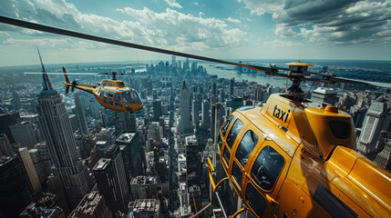 A bright yellow helicopter taxi hovers above a dense urban skyline, offering a unique perspective...