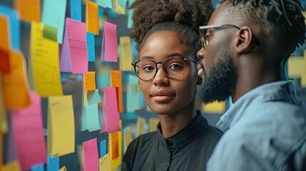 young mixer race businesswoman manager explaining strategy ideas on sticky notes on glass wall to male african american colleague looking at strategy scrum presentation business project planning  - obrazy, fototapety, plakaty