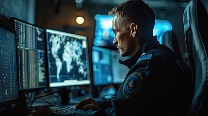 side view of policeman entering personal data of suspect into computer database while sitting in front of monitors in office  - obrazy, fototapety, plakaty