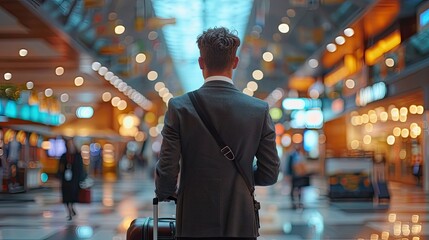 rear view of young handsome businessman with luggage in modern airport terminal  - Powered by Adobe