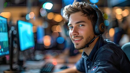 Fototapeta na wymiar young male technical support dispatcher in call center man in call center with headset helping customer 