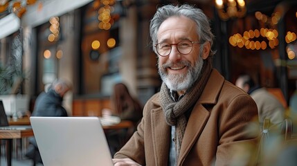 smiling middle aged man sitting in a coffee shop and checking his bank account on mobile and laptop handsome businessman using the laptop for e banking at cafe 