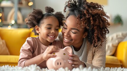 smiling african american mother helping daughter putting money in piggy bank cute little black girl saving money by adding a coin in piggy bank with mother at home 