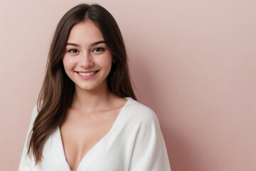 Obraz premium Beautiful young woman with a towel on a smooth pink background with copy space.
