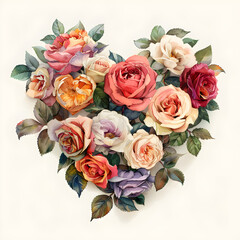 Heart shaped rose bouquet in gentle retro style watercolor painting, perfect for romantic occasions and celebrations.