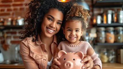 smiling african american mother helping daughter putting money in piggy bank cute little black girl saving money by adding a coin in piggy bank with mother at home  - Powered by Adobe