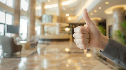 Fototapeta na wymiar Thumbs up sign. Woman's hand shows like gesture. Hotel lobby background