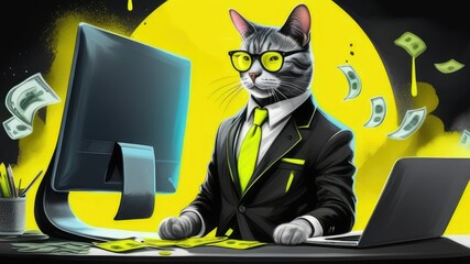 cat businessman in a black suit sits at the table and works on a laptop on a yellow background. Business concept.Money near the laptop. Businessman makes money. Finance and cryptocurrency tables.