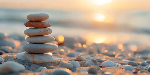 Tranquil stack of zen stones on a beach at sunrise, symbolizing balance and peace