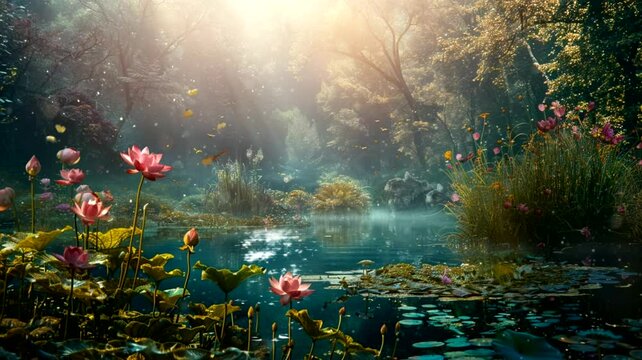 Swamp lake scene in tropical forest, animated virtual repeating seamless 4k	
