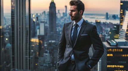 A confident businessman in a tailored suit standing against a cityscape backdrop with an assertive demeanor emblematic of his leadership  AI generated illustration