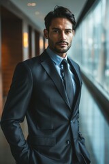A confident male entrepreneur in a sleek suit poised with a forward-thinking demeanor and an assertive gaze emblematic of leadership AI generated illustration