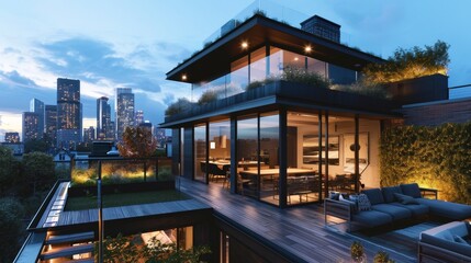 Obraz premium A contemporary urban residence with a rooftop garden and city skyline views AI generated illustration