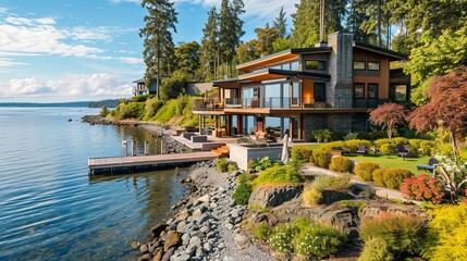 A contemporary waterfront home with a dock and expansive views AI generated illustration