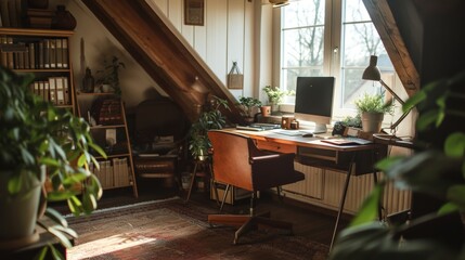 Fototapeta na wymiar A cozy attic office setup with minimal clutter AI generated illustration
