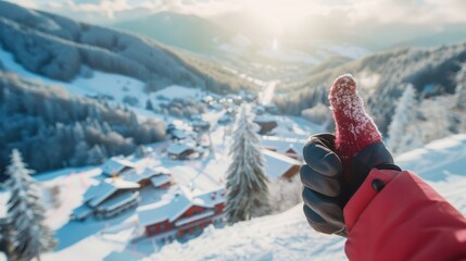 Thumbs up sign. Woman's hand shows like gesture. Ski resort background