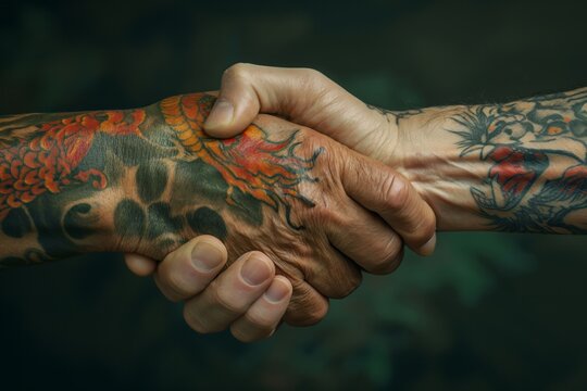 Close-up of a vibrant, tattooed handshake symbolizing a unique connection