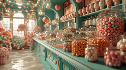 A fairytale-like D candy store filled with jars of colourful candy AI generated illustration - obrazy, fototapety, plakaty