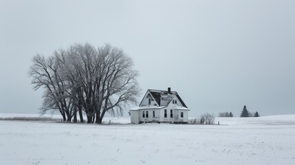 A farmhouse standing alone in an untouched field of snow AI generated illustration