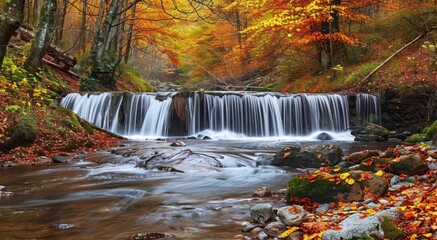 The Enchanting Scene of a Waterfall Nestled in the Rich Tapestry of an Autumn Forest