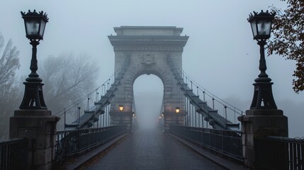A foggy chain bridge scene with no pedestrians in sight  AI generated illustration