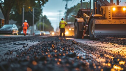 A hardworking asphalt apprentice learning and assisting in road paving tasks with curiosity AI generated illustration - obrazy, fototapety, plakaty